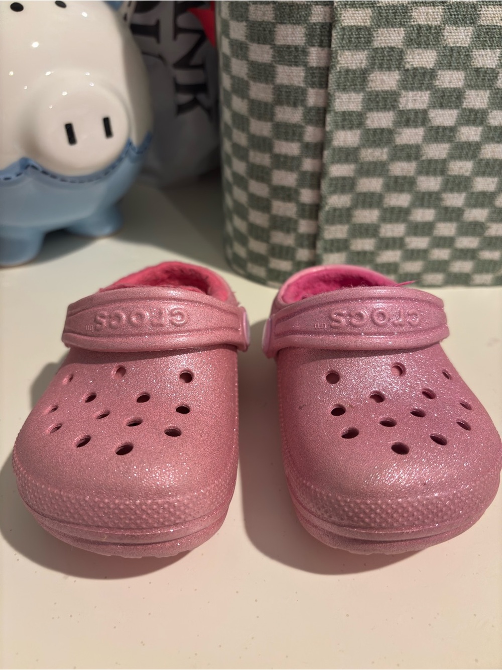 Toddler size 5 glitter pink fleece lined crocs
